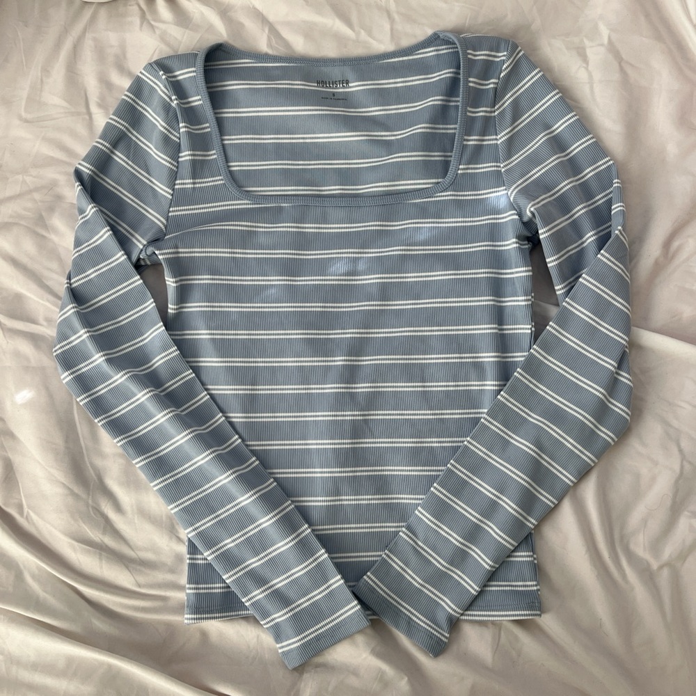 Hollister blue and white square neck striped long sleeve top